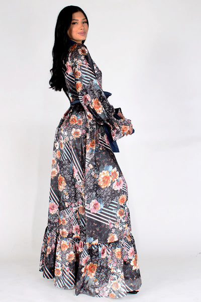 Floral and Denim Accent Maxi Dress