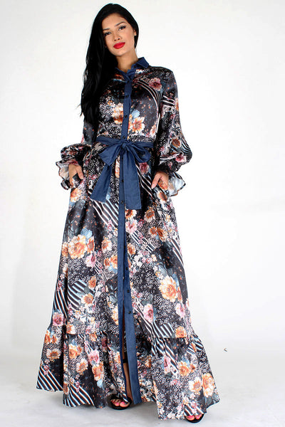 Floral and Denim Accent Maxi Dress