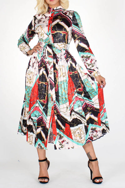 Chain Multi-Print Pleated Midi Dress with Belt