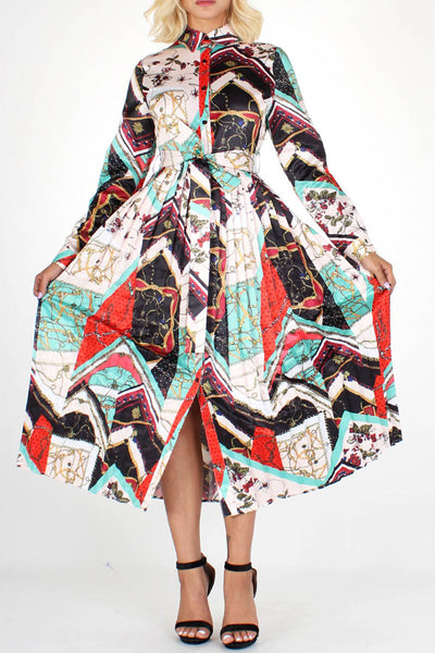 Chain Multi-Print Pleated Midi Dress with Belt