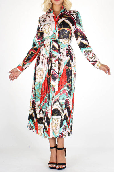 Chain Multi-Print Pleated Midi Dress with Belt