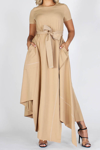 Tan Round Neck Asymmetrical Hem Dress with Belt