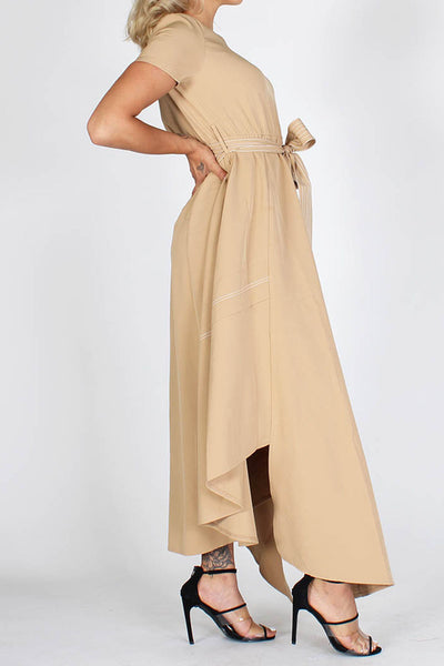 Tan Round Neck Asymmetrical Hem Dress with Belt