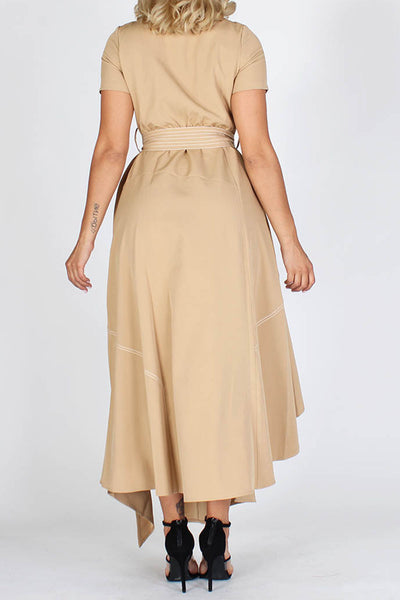 Tan Round Neck Asymmetrical Hem Dress with Belt