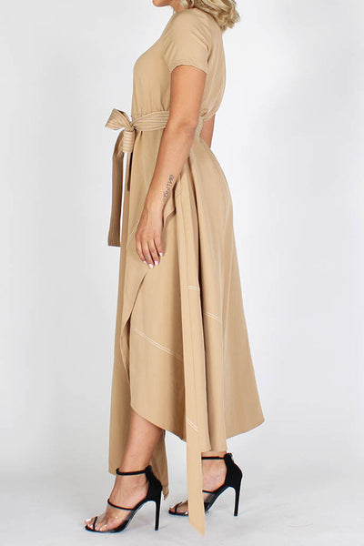 Tan Round Neck Asymmetrical Hem Dress with Belt