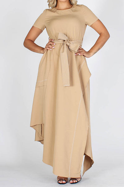 Tan Round Neck Asymmetrical Hem Dress with Belt