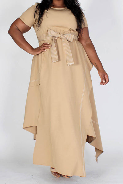 Tan Round Neck Asymmetrical Hem Dress with Belt (Plus Size)