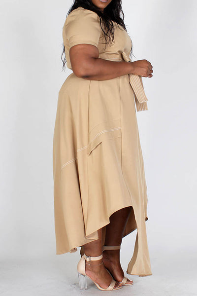 Tan Round Neck Asymmetrical Hem Dress with Belt (Plus Size)