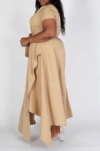 Tan Round Neck Asymmetrical Hem Dress with Belt (Plus Size)