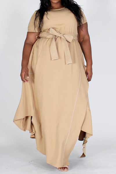Tan Round Neck Asymmetrical Hem Dress with Belt (Plus Size)