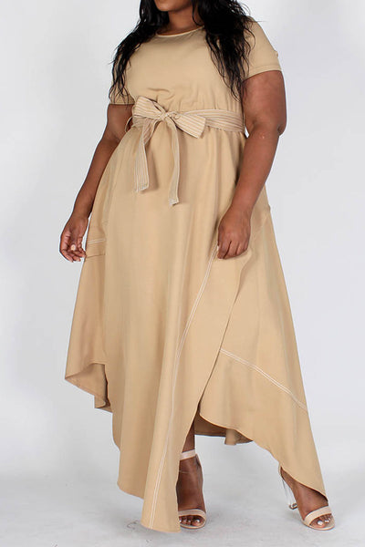 Tan Round Neck Asymmetrical Hem Dress with Belt (Plus Size)