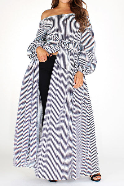 Black and White Striped Off-Shoulder Dress