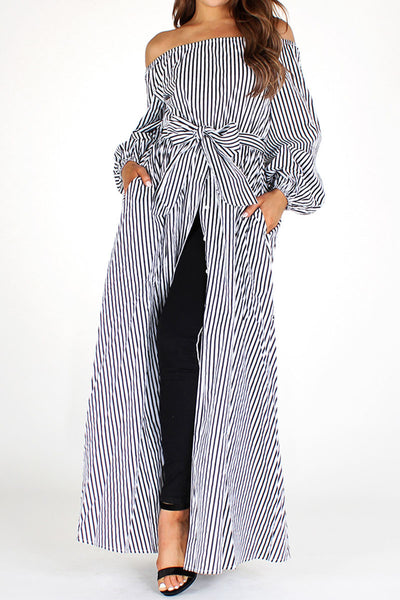 Black and White Striped Off-Shoulder Dress