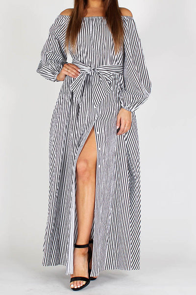 Black and White Striped Off-Shoulder Dress