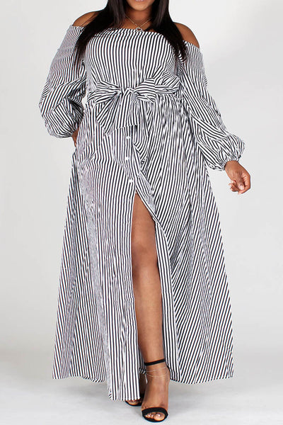 Black and White Striped Off-Shoulder Dress