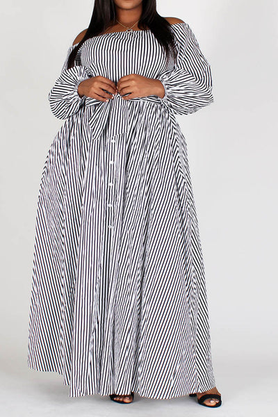 Black and White Striped Off-Shoulder Dress