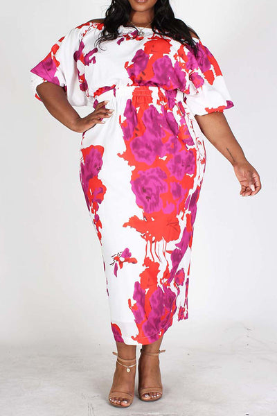 Floral Print off Shoulder Midi Dress "In Full Bloom" Plus Size