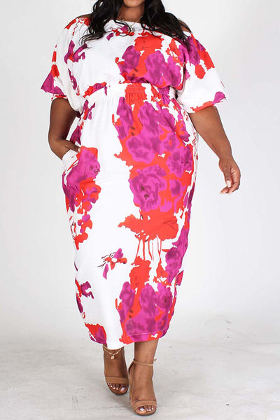 Floral Print off Shoulder Midi Dress "In Full Bloom" Plus Size
