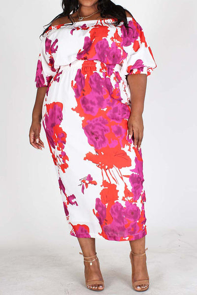 Floral Print off Shoulder Midi Dress "In Full Bloom" Plus Size