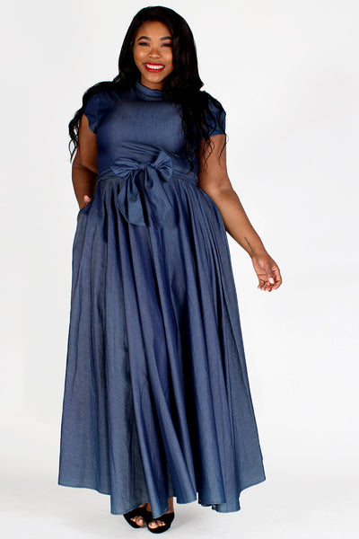 Denim"a-line" Maxi Dress with Waist Pockets (1X-3X)