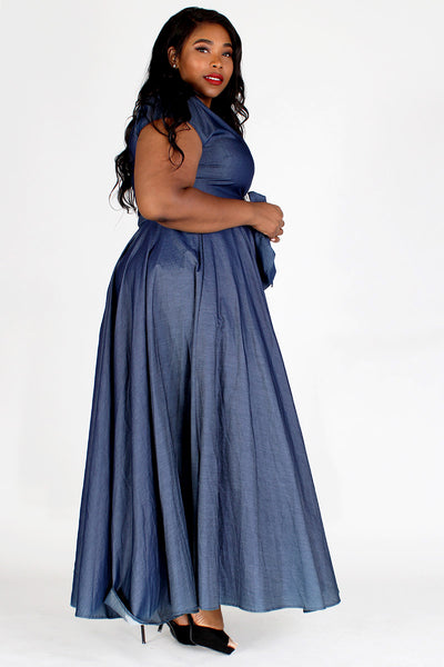 Denim"a-line" Maxi Dress with Waist Pockets (1X-3X)