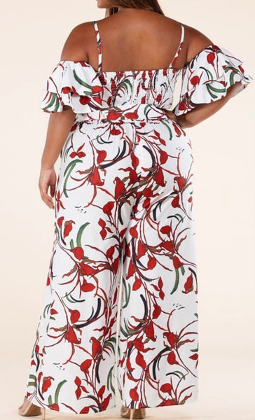 White and Red Floral Pant Set - Plus size.