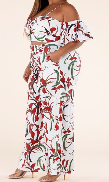 White and Red Floral Pant Set - Plus size.