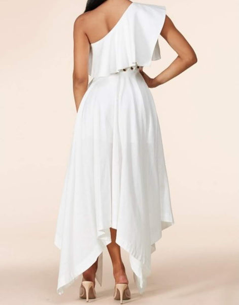 White with Gold Detail One -Shoulder Dress